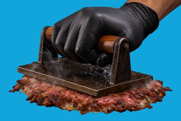 A patty smashed onto the flat-top
